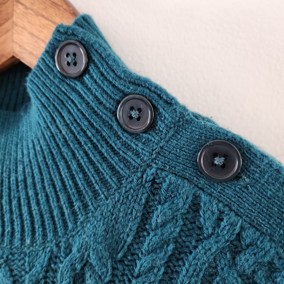 Talbots Cotton Angora Dark Teal Cable Knit Fisherman Sweater with Button Detail - Picture 7 of 10